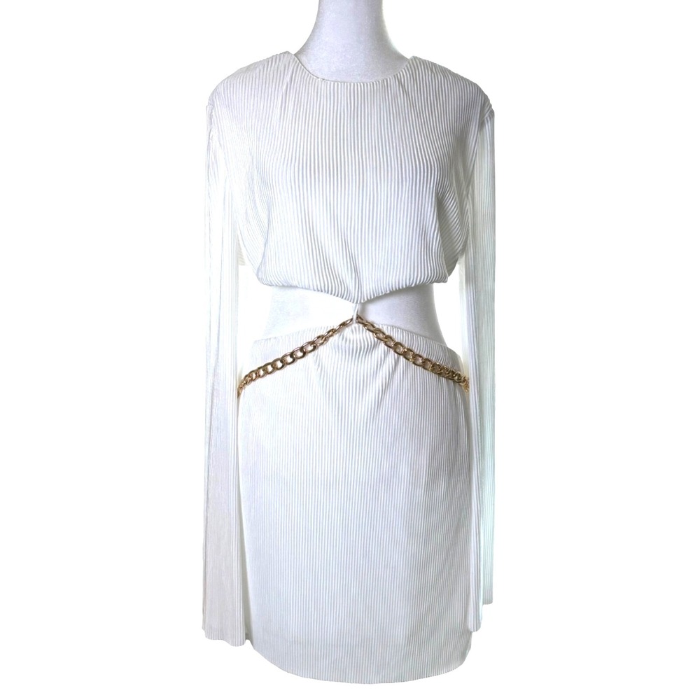 12th Tribe Size XL Ivory Accordian Mini Dress Chain Accent Open at Waist NWT